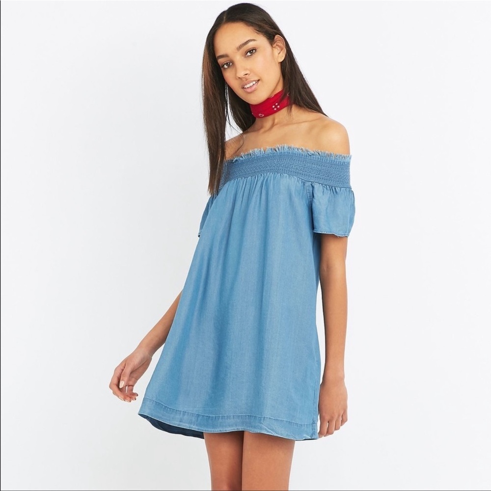 Alice + UO Off Shoulder Denim Like Smocked blue Mini Dress